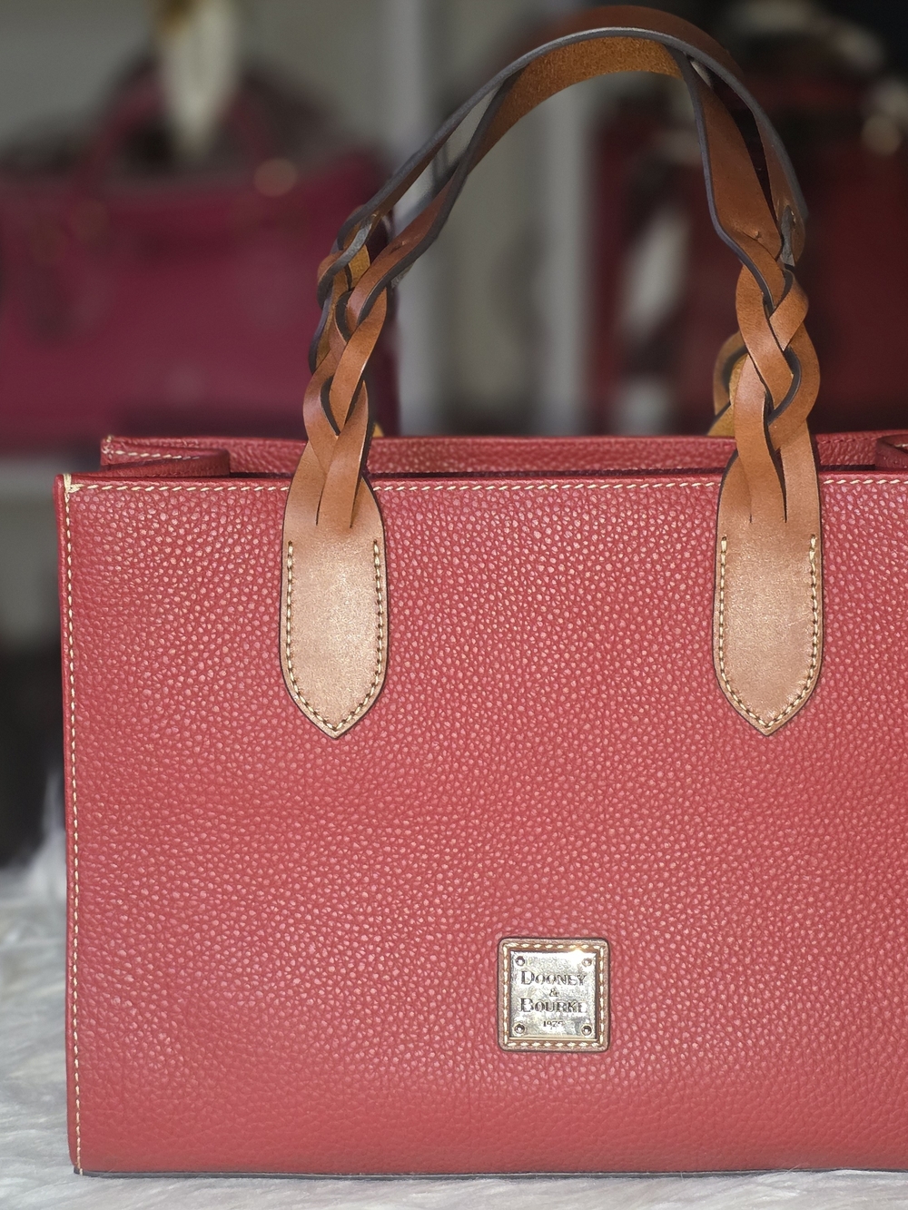 Dooney & Bourke Red Leather Tote with Tan Trim - Picture 2 of 4